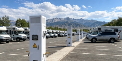 極亞智能水電樁落地新疆木壘迎賓苑房車營(yíng)地 防塵防凍適配北疆極端氣候