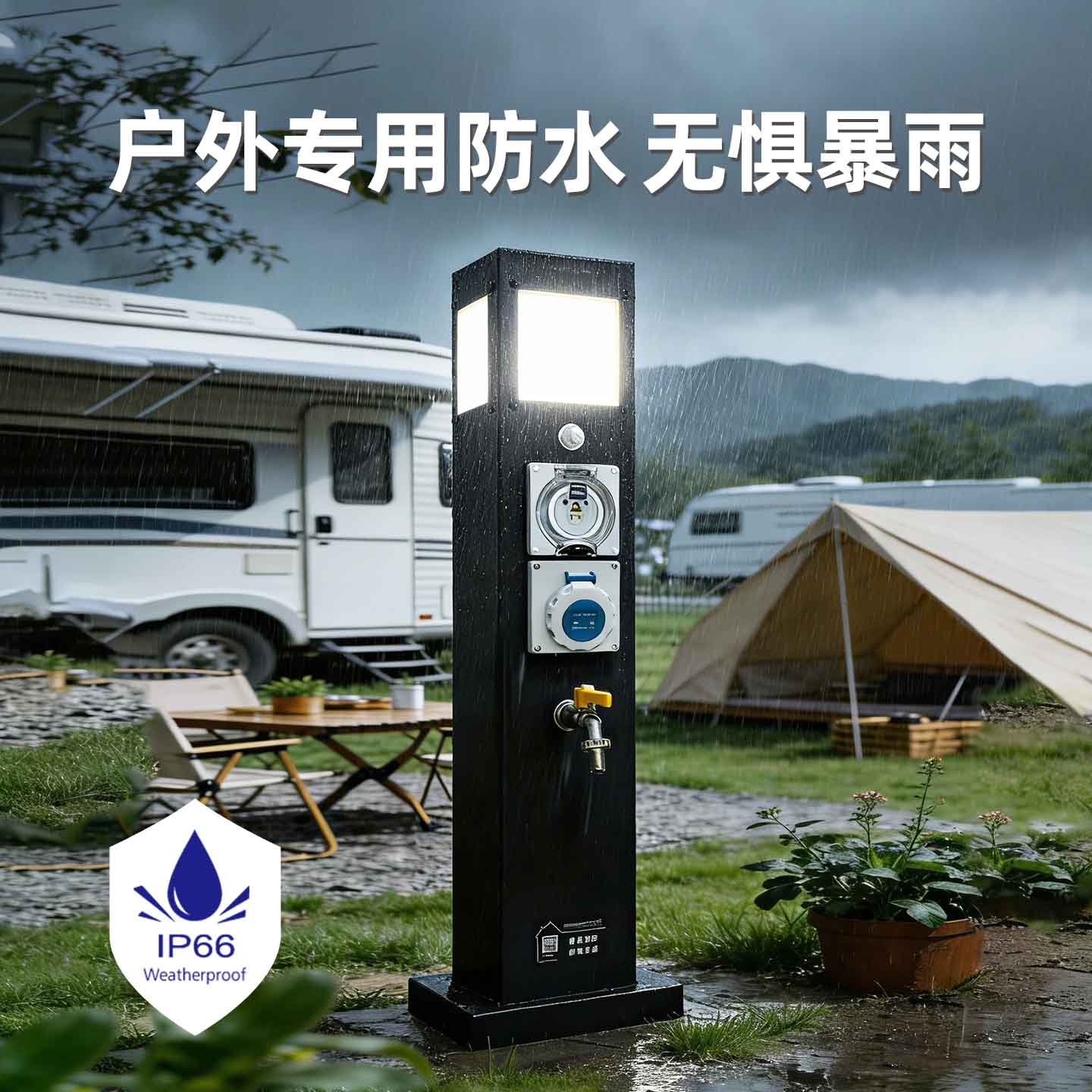 極亞智能黑色款 IP66 防水水電樁，露營場景供電供水設備