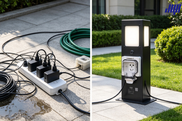 別墅庭院傳統臨時水電與專用戶外水電樁對比示意圖